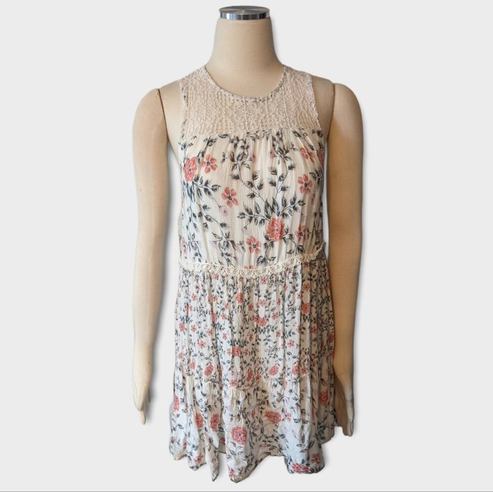 BLUE RAIN Cream Floral Tiered Dress with Lace Shoulder Medium Francesca